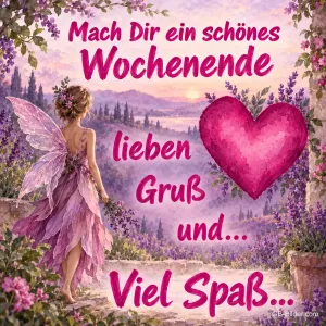 Elfe vor einem Lavendelfeld mit großem pinkem Herz, Text: Mach Dir ein schönes Wochenende – lieben Gruß und… viel Spaß…
