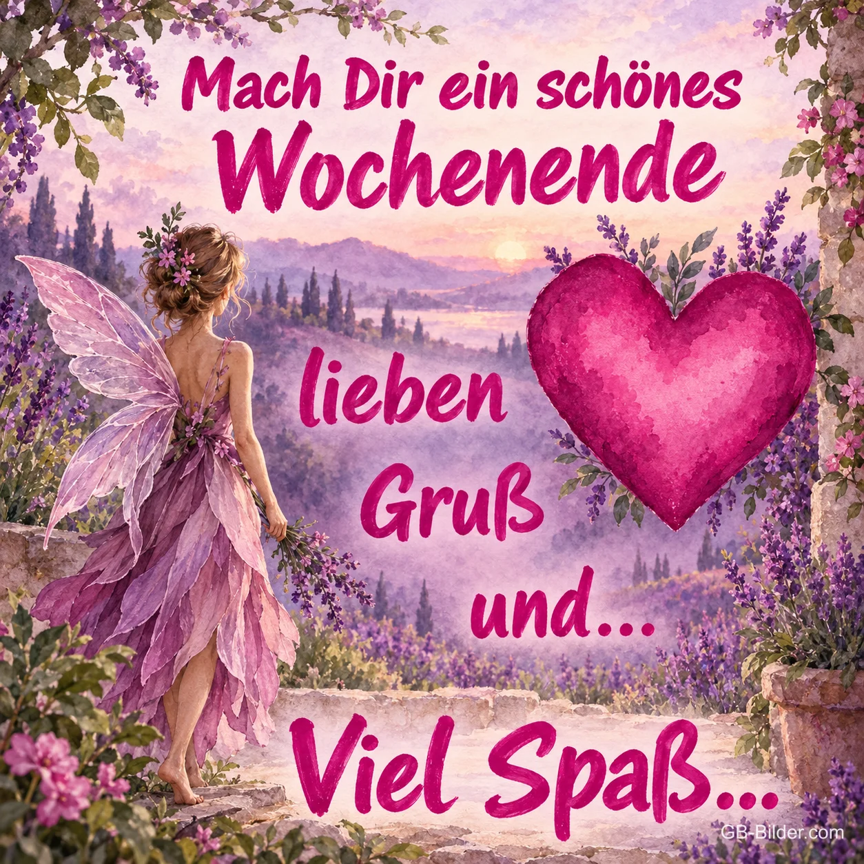 Elfe vor einem Lavendelfeld mit großem pinkem Herz, Text: Mach Dir ein schönes Wochenende – lieben Gruß und… viel Spaß…