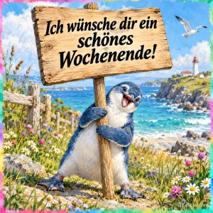 Pinguin hält lachend ein Holzschild an der Küste, Text: Ich wünsche dir ein schönes Wochenende!