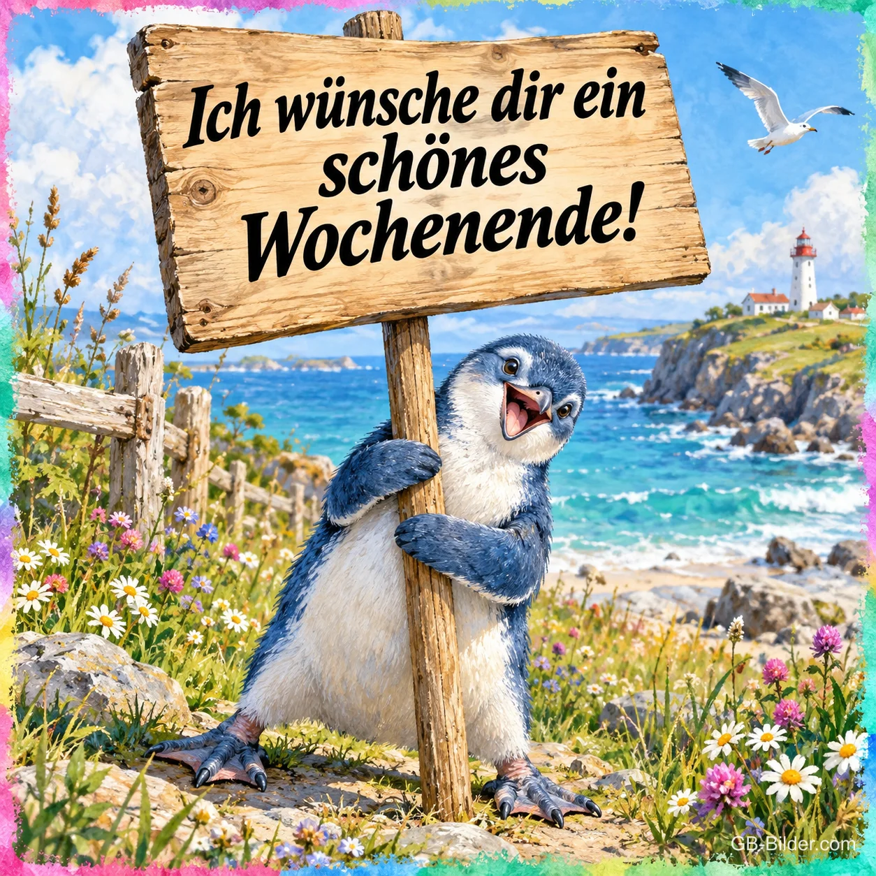Pinguin hält lachend ein Holzschild an der Küste, Text: Ich wünsche dir ein schönes Wochenende!
