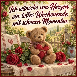 Teddybär mit Herz zwischen roten Rosen auf einer Bank, Text: Ich wünsche von Herzen ein tolles Wochenende mit schönen Momenten