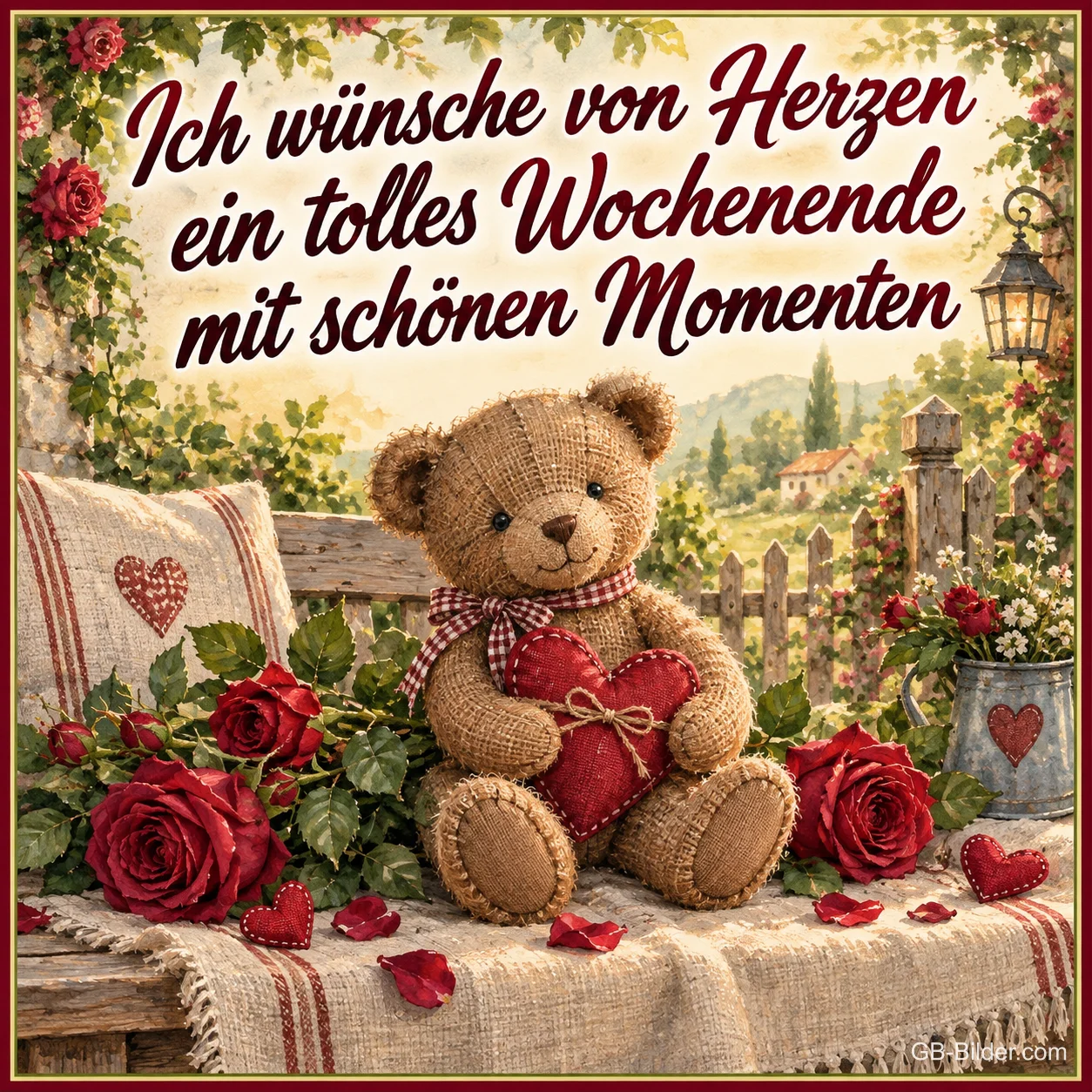 Teddybär mit Herz zwischen roten Rosen auf einer Bank, Text: Ich wünsche von Herzen ein tolles Wochenende mit schönen Momenten Teddybär mit Herz zwischen roten Rosen auf einer Bank, Text: Ich wünsche von Herzen ein tolles Wochenende mit schönen Momenten
