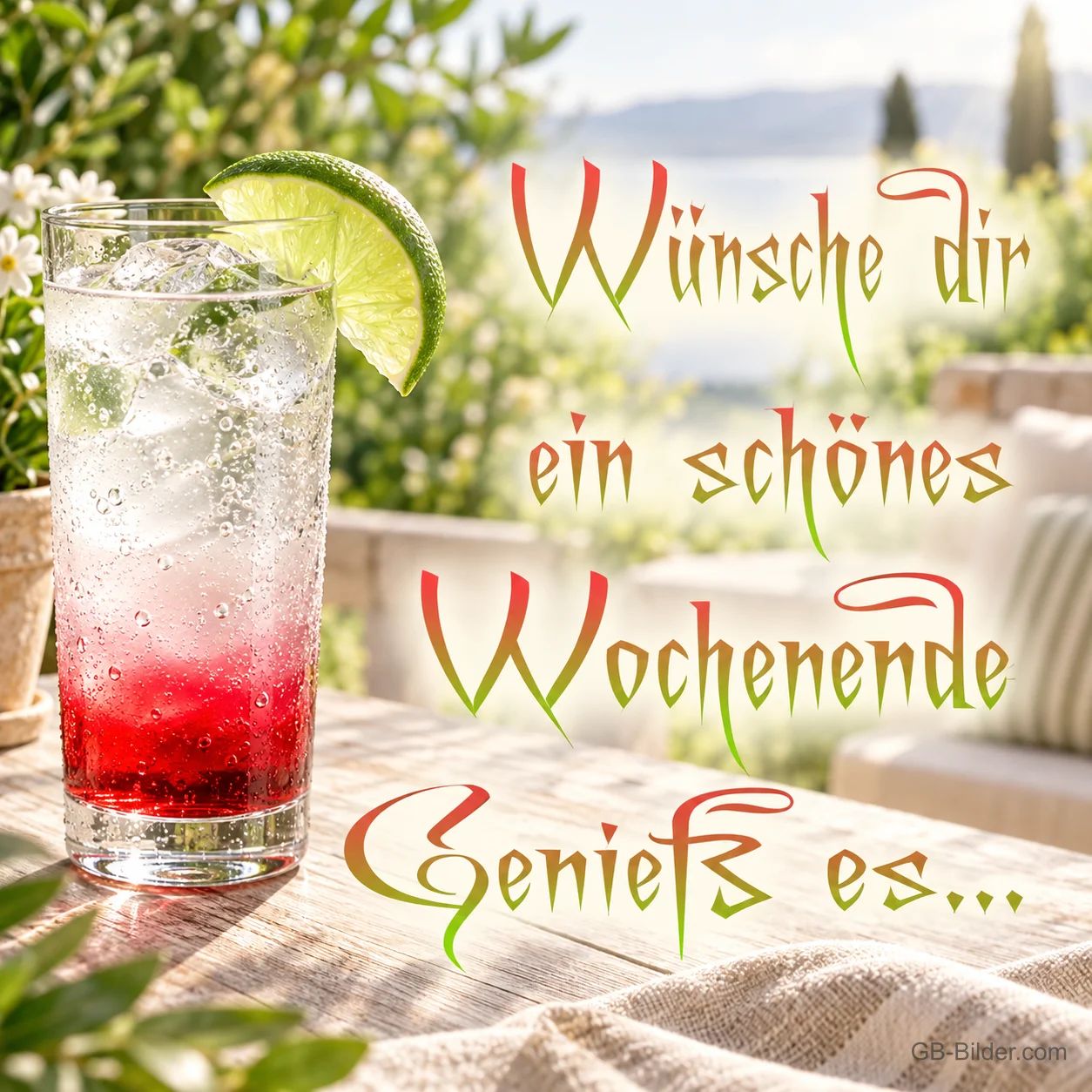 Glas mit Eis, Limette und roter Fruchtsoße auf einer Terrasse, Text: Wünsche dir ein schönes Wochenende – Genieß es…