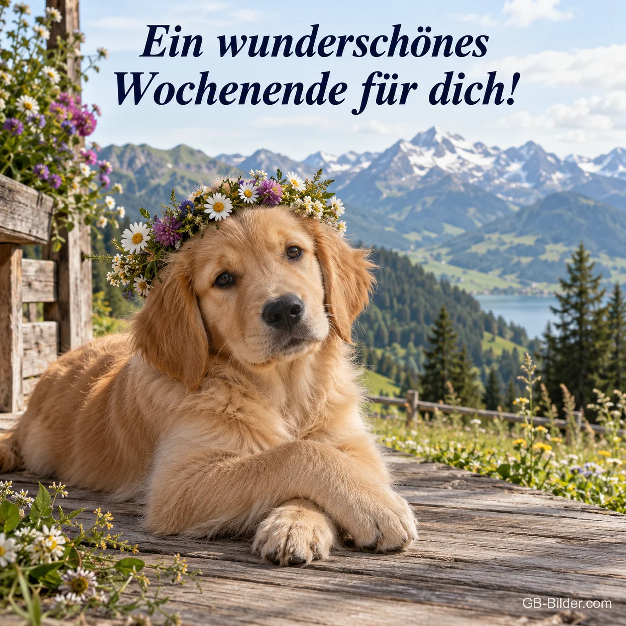 Golden-Retriever-Welpe mit Blumenkranz vor Bergpanorama, Text: Ein wunderschönes Wochenende für dich!