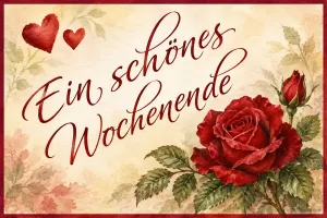 Rote Rosen und Herzen auf hellem Papier, Text: Ein schönes Wochenende