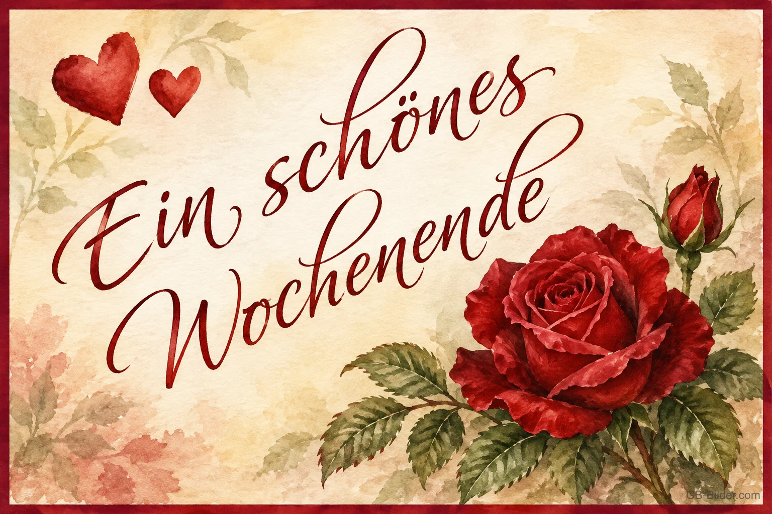 Rote Rosen und Herzen auf hellem Papier, Text: Ein schönes Wochenende