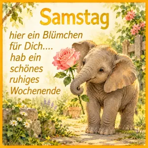 Elefantenbaby hält eine rosa Rose im Rüssel, Text: Samstag – hier ein Blümchen für Dich…. hab ein schönes ruhiges Wochenende