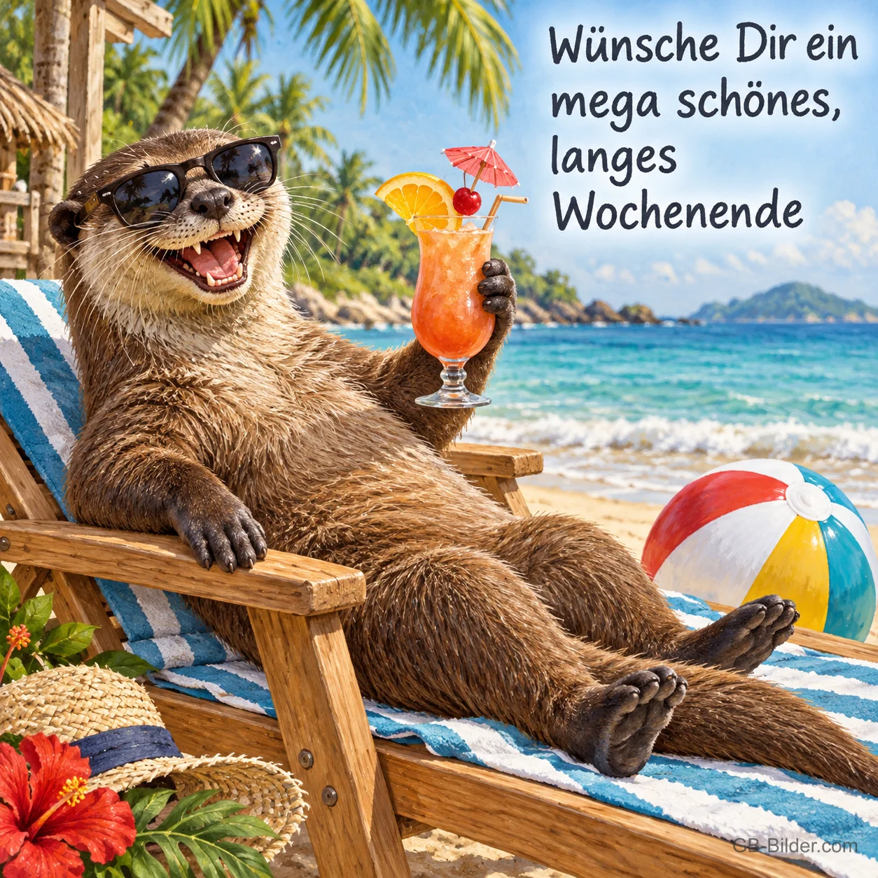 Otter mit Sonnenbrille entspannt mit Cocktail im Liegestuhl, Text: Wünsche Dir ein mega schönes, langes Wochenende