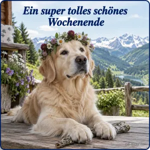 Golden Retriever mit Blumenkranz, Text: Ein super tolles schönes Wochenende