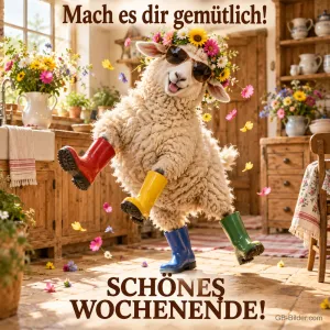 Schaf mit Sonnenbrille, Blumenkranz und bunten Gummistiefeln tanzt in einer Landküche, Text: Mach es dir gemütlich! SCHÖNES WOCHENENDE!
