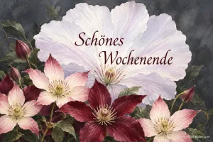 Große weiße Blüte zwischen roten Clematisblüten, Text: Schönes Wochenende