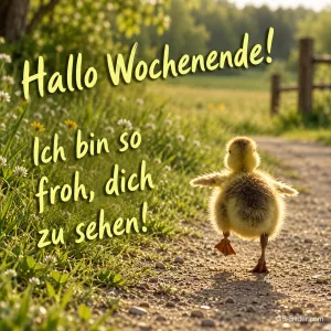 Gänseküken läuft mit ausgebreiteten Flügeln einen Weg entlang, Text: Hallo Wochenende! Ich bin so froh, dich zu sehen!