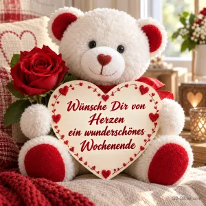 Weißer Teddybär mit Herz und roter Rose, Text: Wünsche Dir von Herzen ein wunderschönes Wochenende