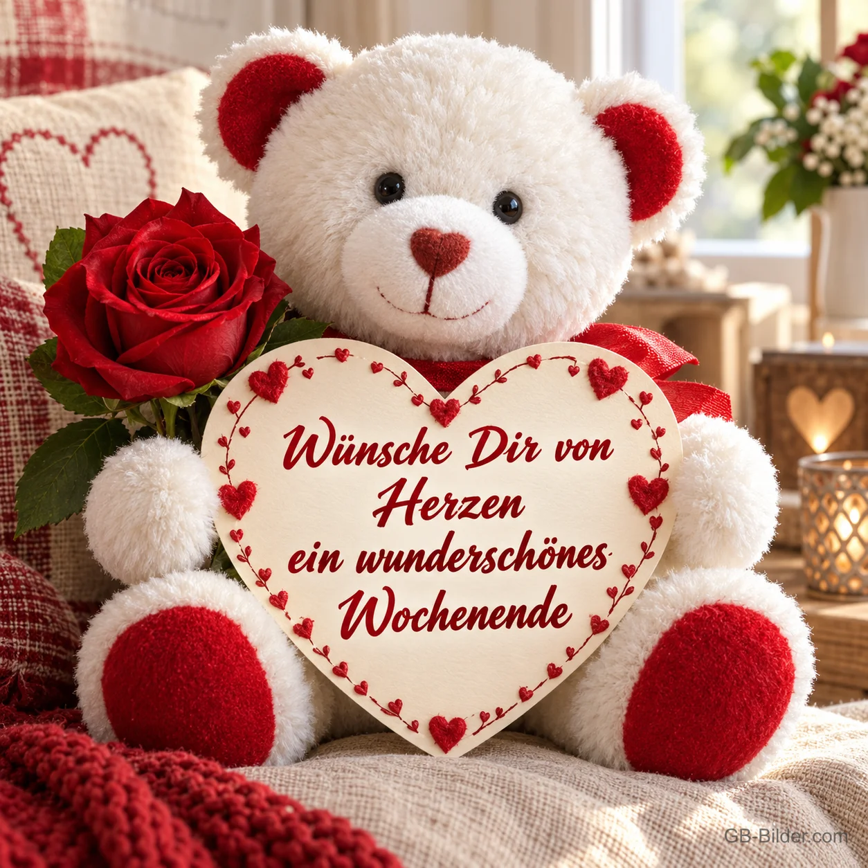 Weißer Teddybär mit Herz und roter Rose, Text: Wünsche Dir von Herzen ein wunderschönes Wochenende