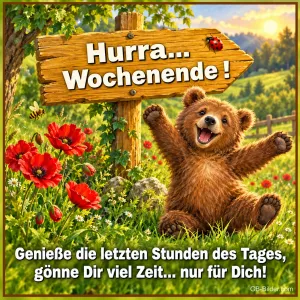 Bärenjunges reißt die Arme hoch unter einem Wegweiser, Text: Hurra... Wochenende! Genieße die letzten Stunden des Tages, gönne Dir viel Zeit... nur für Dich!