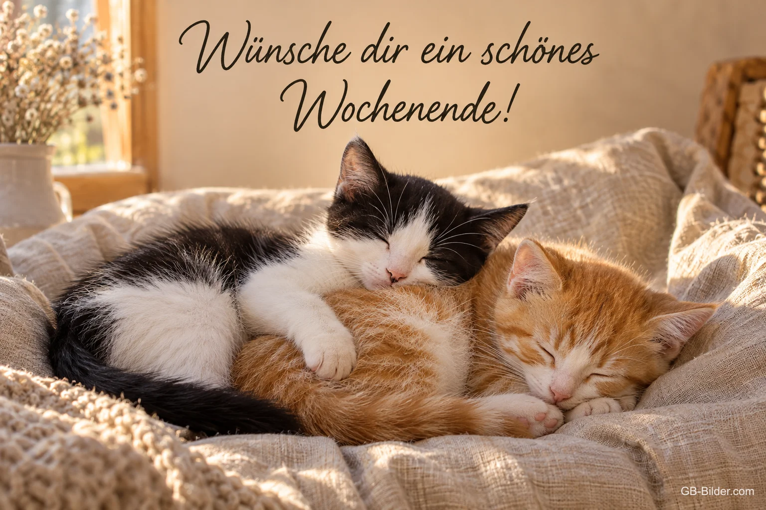 Zwei Kätzchen schlafen aneinander gekuschelt auf einer Decke, Text: Wünsche dir ein schönes Wochenende!