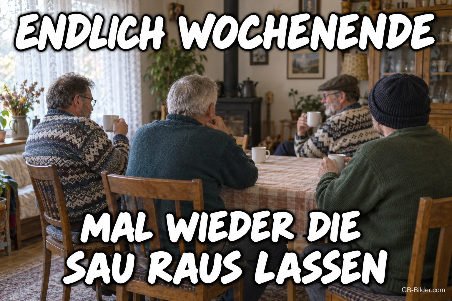Vier ältere Männer sitzen beim Kaffee am Küchentisch, Text: ENDLICH WOCHENENDE – MAL WIEDER DIE SAU RAUS LASSEN