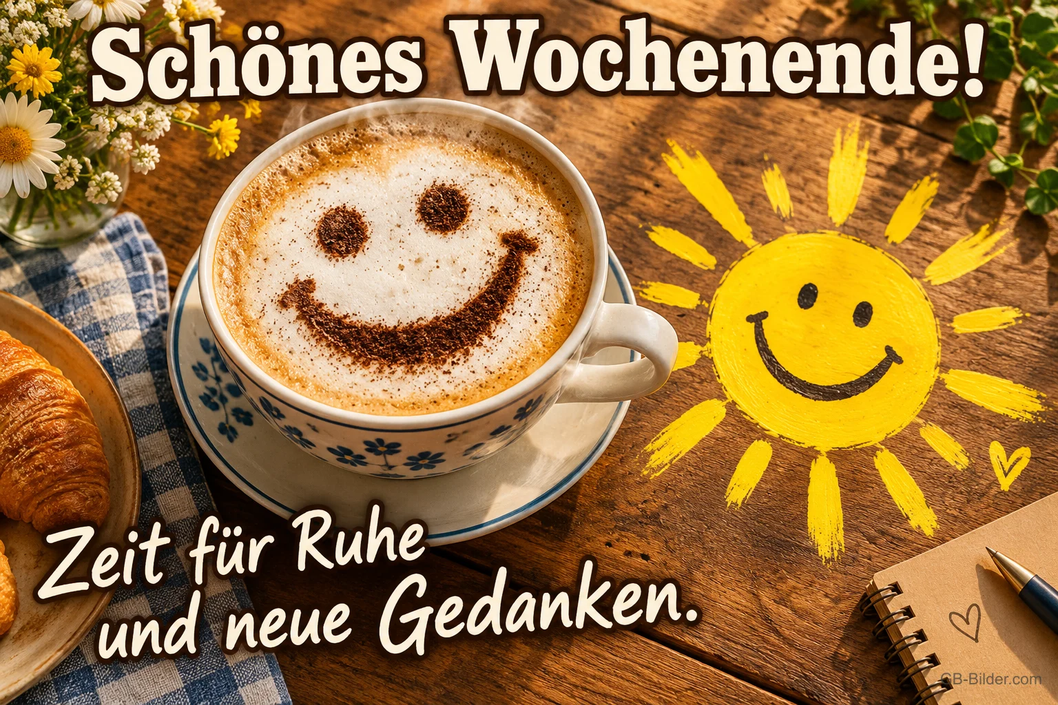 Cappuccino mit Smiley-Schaum, lachende Sonne und Croissant auf Holztisch, Text: Schönes Wochenende! Zeit für Ruhe und neue Gedanken.
