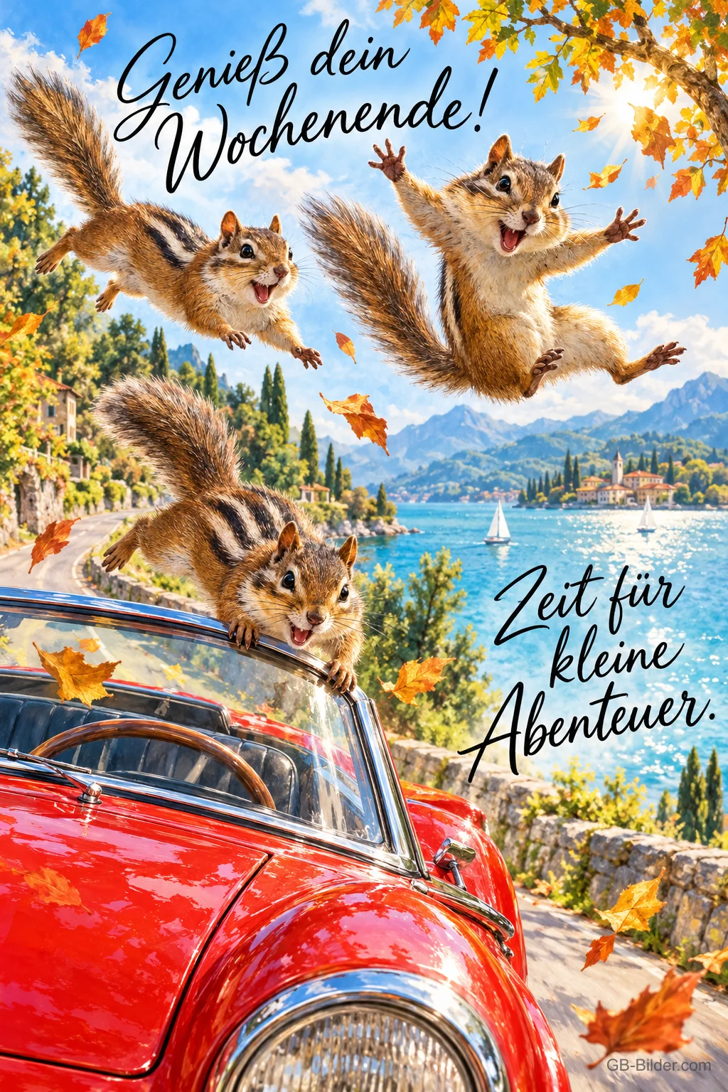 Drei Streifenhörnchen springen jubelnd aus einem roten Cabrio am See, Text: Genieß dein Wochenende! Zeit für kleine Abenteuer.