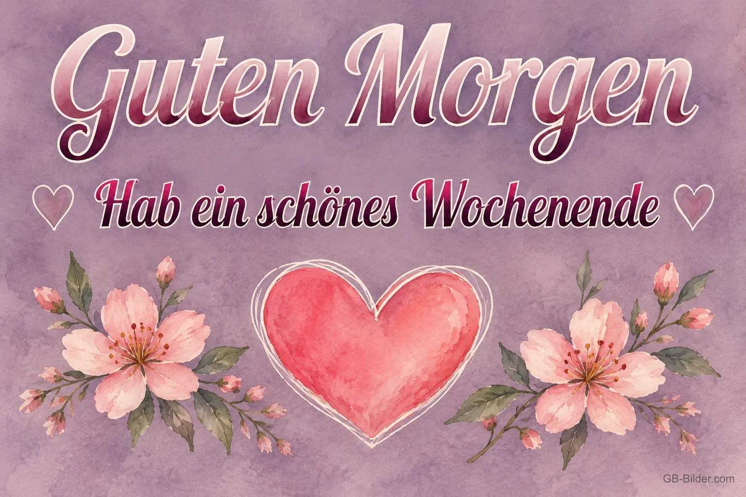 Rotes Herz zwischen rosa Blüten auf lila Hintergrund, Text: Guten Morgen ♡ Hab ein schönes Wochenende ♡