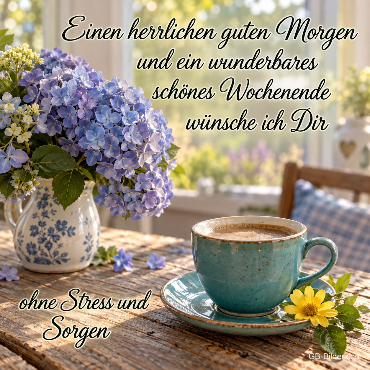 Blaue Hortensien in einer Kanne neben einer türkisen Kaffeetasse, Text: Einen herrlichen guten Morgen und ein wunderbares schönes Wochenende wünsche ich Dir ohne Stress und Sorgen