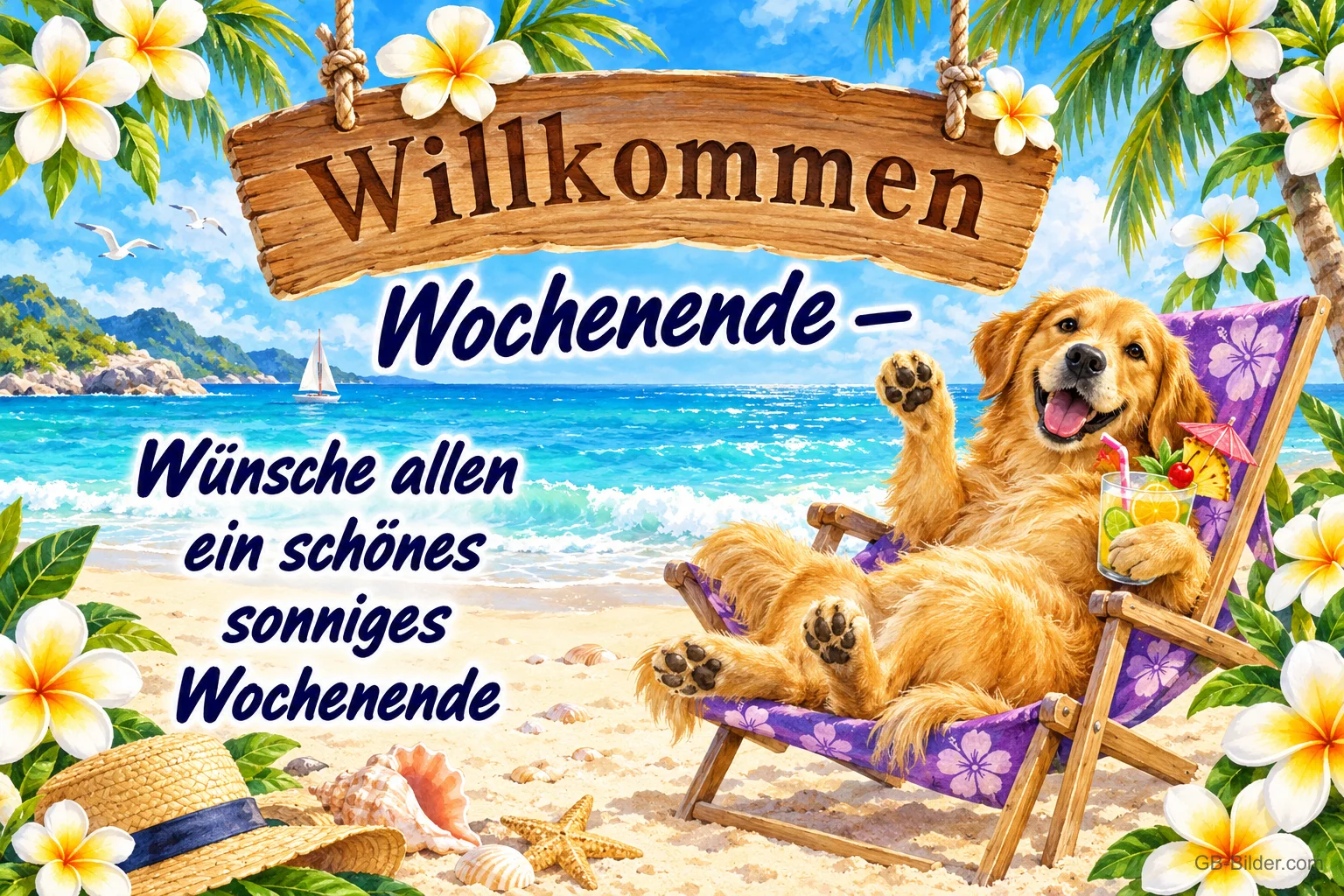 Golden Retriever mit Cocktail winkt im Liegestuhl am Strand unter Blüten, Text: Willkommen Wochenende – Wünsche allen ein schönes sonniges Wochenende
