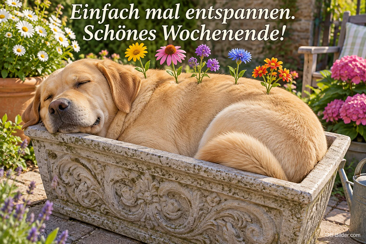 Labrador schläft in einem steinernen Blumenkasten, Blumen wachsen auf seinem Rücken, Text: Einfach mal entspannen. Schönes Wochenende!
