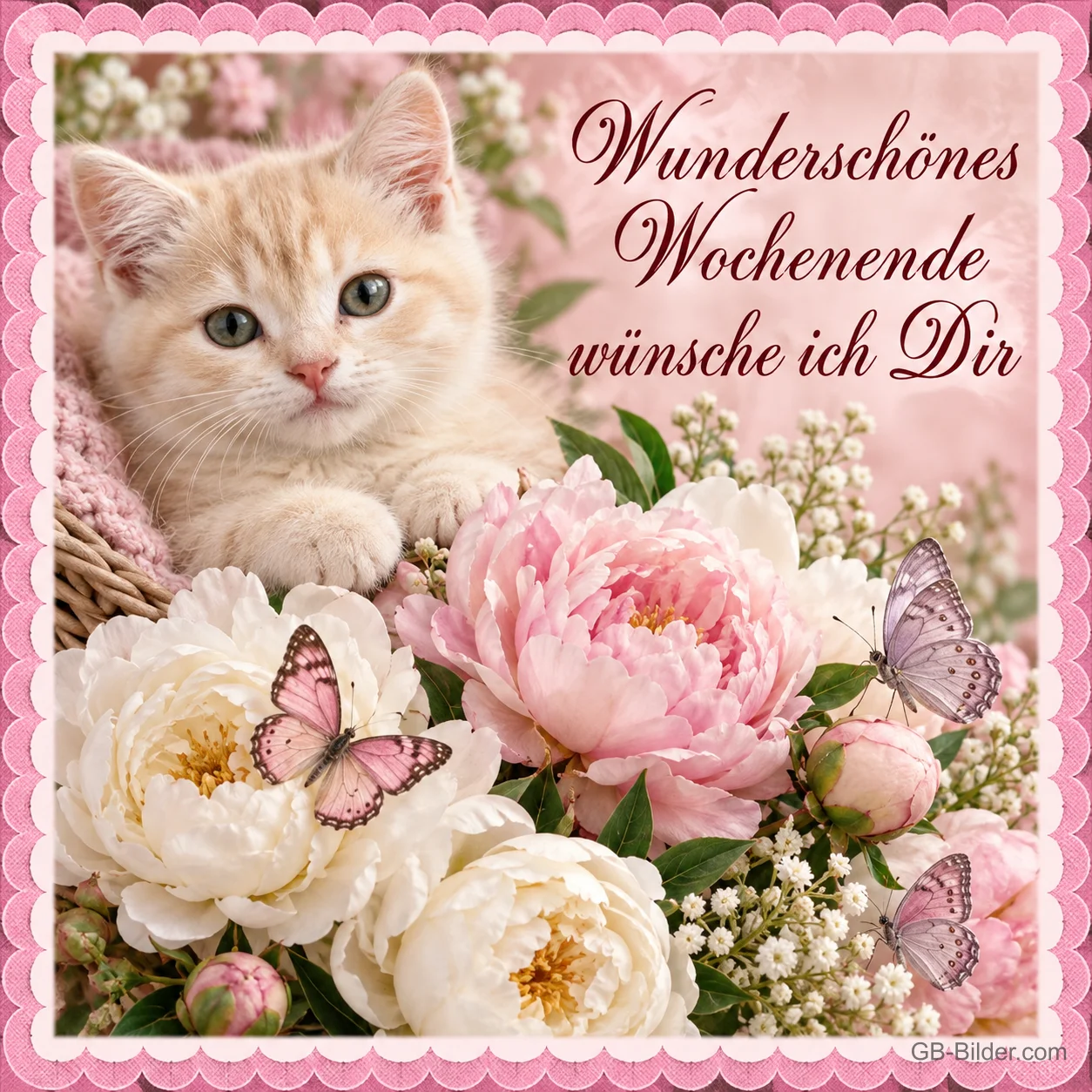 Kätzchen zwischen rosa Pfingstrosen und Schmetterlingen, Text: Wunderschönes Wochenende wünsche ich Dir