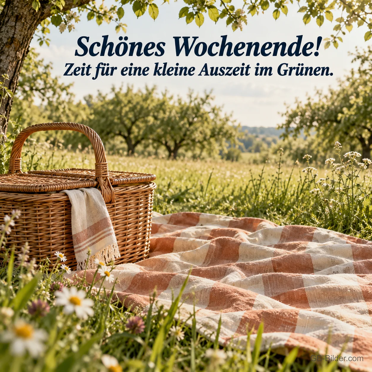 Picknickkorb unter Obstbäumen, Text: Schönes Wochenende