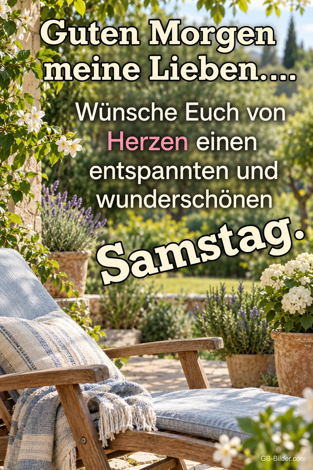 Liegestuhl auf der Terrasse, Text: Guten Morgen meine Lieben