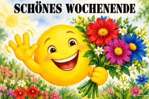 Lachender Smiley mit buntem Blumenstrauß winkt vor einer Blumenwiese, Text: SCHÖNES WOCHENENDE