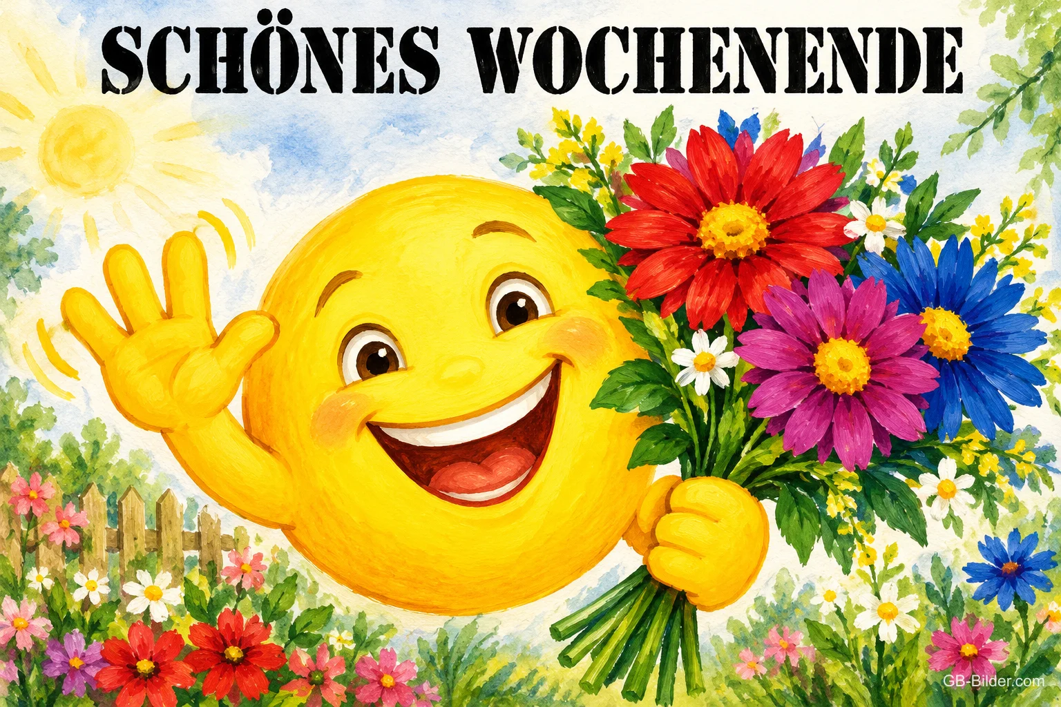 Lachender Smiley mit buntem Blumenstrauß winkt vor einer Blumenwiese, Text: SCHÖNES WOCHENENDE