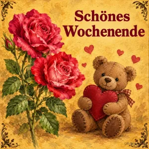 Rote Rosen und Teddybär mit rotem Herz auf goldenem Grund, Text: Schönes Wochenende