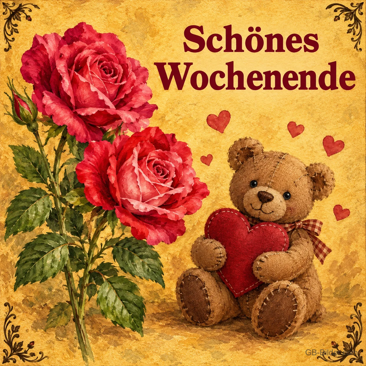 Rote Rosen und Teddybär mit rotem Herz auf goldenem Grund, Text: Schönes Wochenende