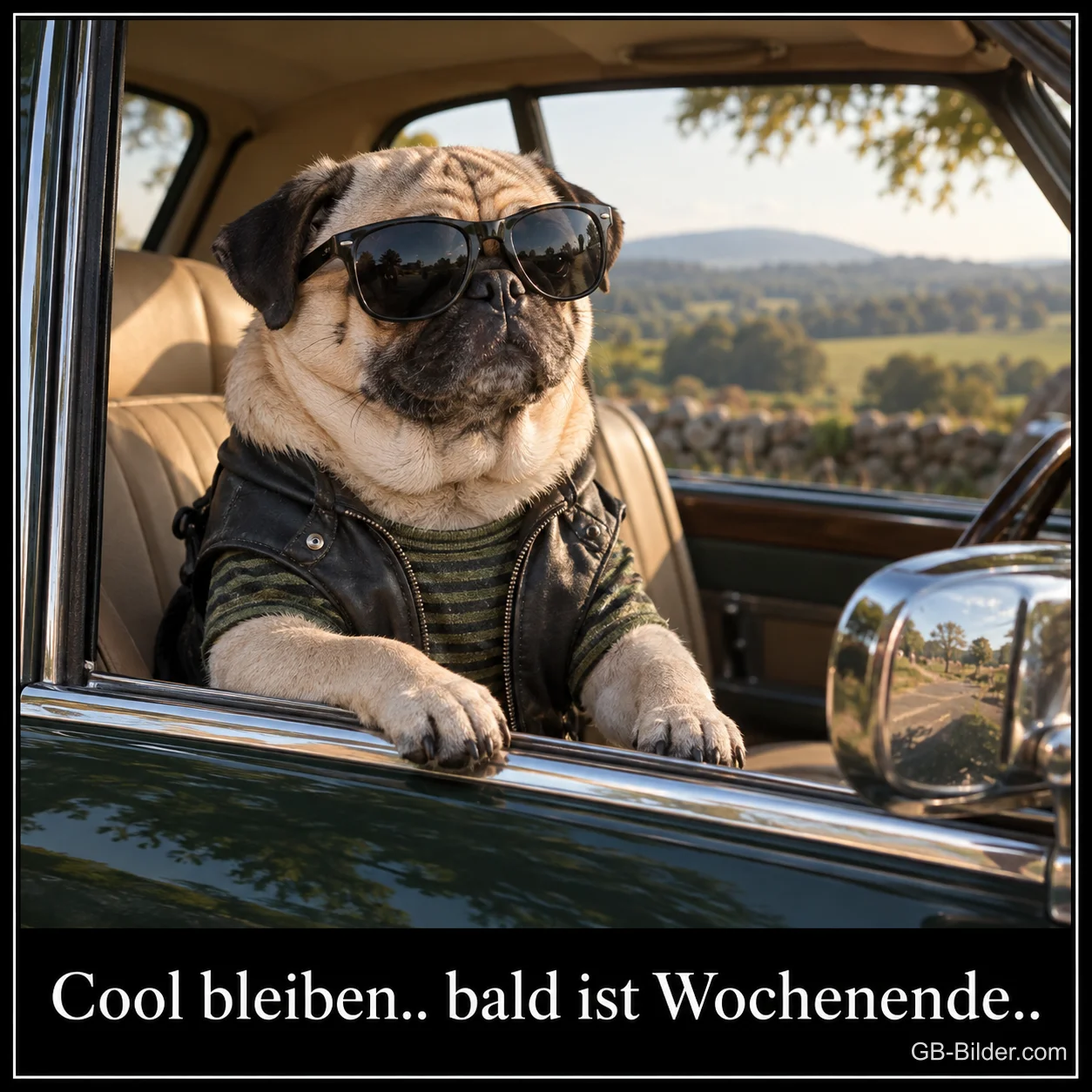 Mops mit Sonnenbrille und Lederjacke schaut aus dem Autofenster, Text: Cool bleiben.. bald ist Wochenende..