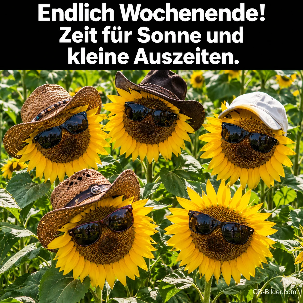 Sonnenblumen mit Hüten und Sonnenbrillen im Sonnenblumenfeld, Text: Endlich Wochenende! Zeit für Sonne und kleine Auszeiten.