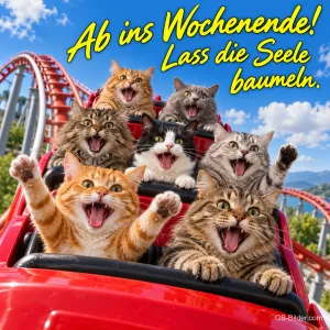 Jubelnde Katzen fahren mit erhobenen Pfoten Achterbahn, Text: Ab ins Wochenende! Lass die Seele baumeln.