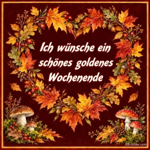 Herz aus buntem Herbstlaub mit Pilzen, Text: Ich wünsche ein schönes goldenes Wochenende