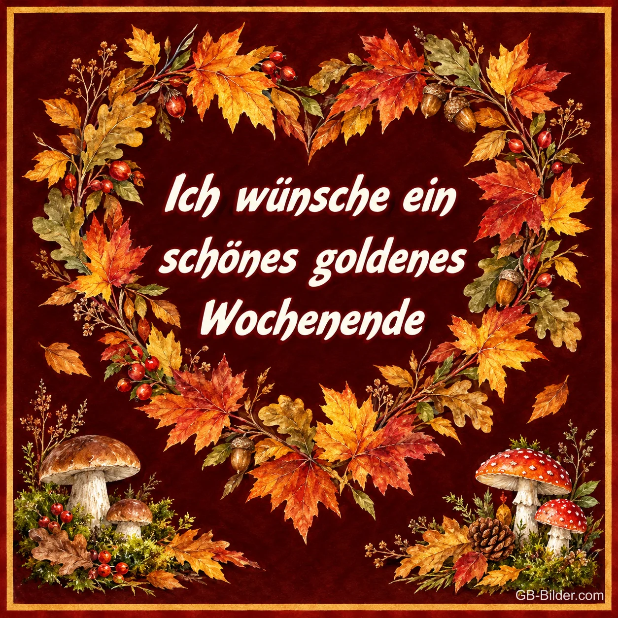 Herz aus buntem Herbstlaub mit Pilzen, Text: Ich wünsche ein schönes goldenes Wochenende