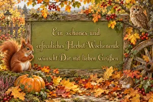 Holzrahmen mit Herbstlaub, Eichhörnchen, Eule, Maus und Kürbis, Text: Ein schönes und erfreuliches Herbst-Wochenende wünscht Dir mit lieben Grüßen