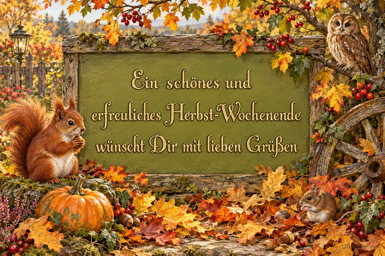 Holzrahmen mit Herbstlaub, Eichhörnchen, Eule, Maus und Kürbis, Text: Ein schönes und erfreuliches Herbst-Wochenende wünscht Dir mit lieben Grüßen