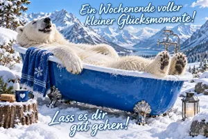 Eisbär liegt entspannt in einer blauen Badewanne im Schnee vor Bergen, Text: Ein Wochenende voller kleiner Glücksmomente! Lass es dir gut gehen!