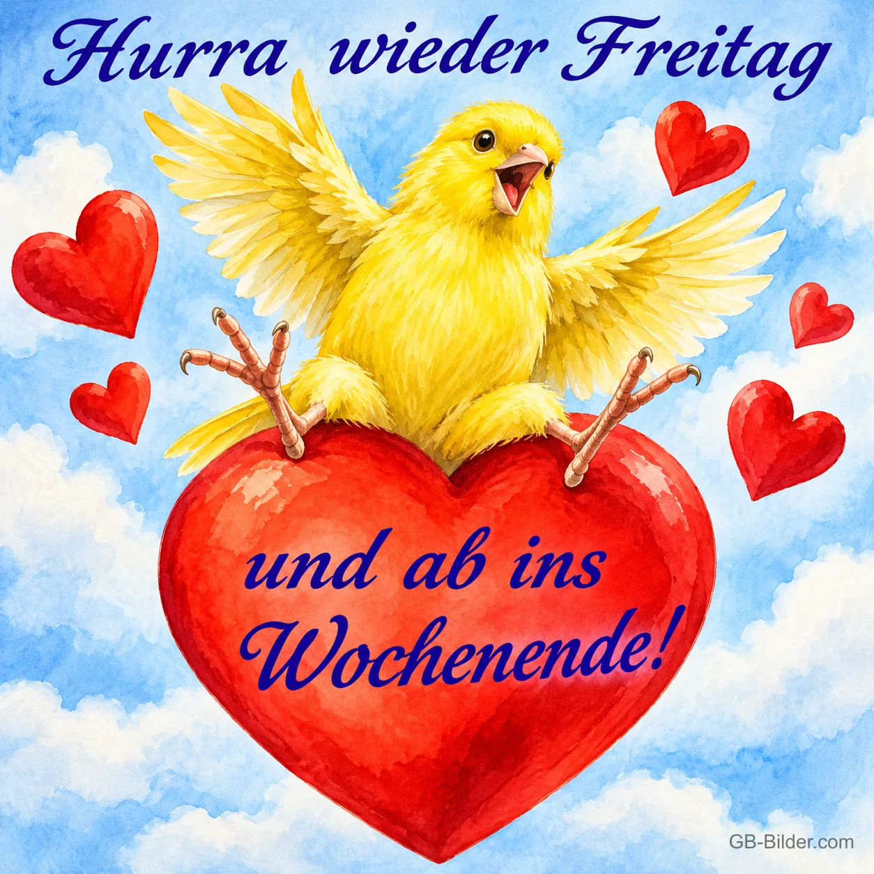 Gelbes Küken sitzt jubelnd auf einem großen roten Herz zwischen Wolken, Text: Hurra wieder Freitag und ab ins Wochenende!