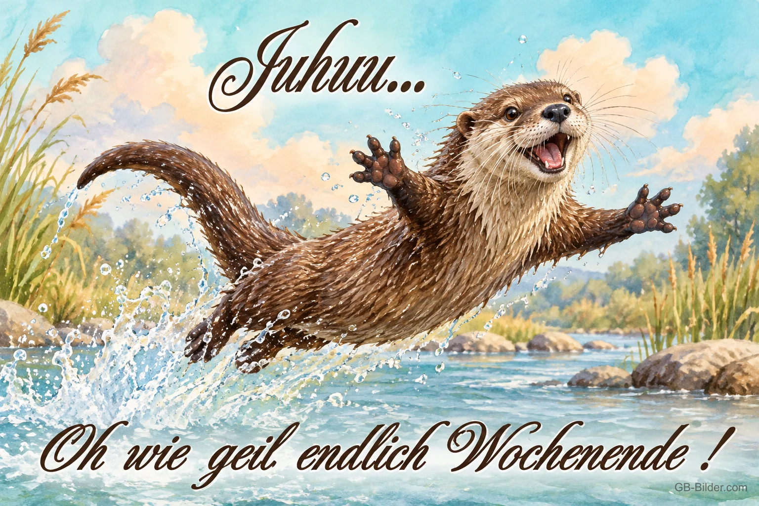 Otter springt jubelnd aus dem Fluss, Text: Juhuu… Oh wie geil, endlich Wochenende!