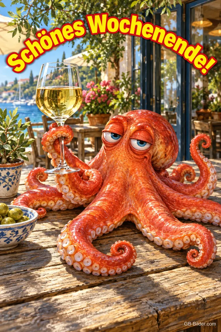 Müder Krake hält ein Glas Weißwein auf einem Terrassentisch am Hafen, Text: Schönes Wochenende!