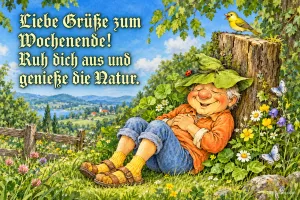 Wichtel mit Blätterhut schläft an einem Baumstumpf auf einer Blumenwiese, Text: Liebe Grüße zum Wochenende! Ruh dich aus und genieße die Natur.