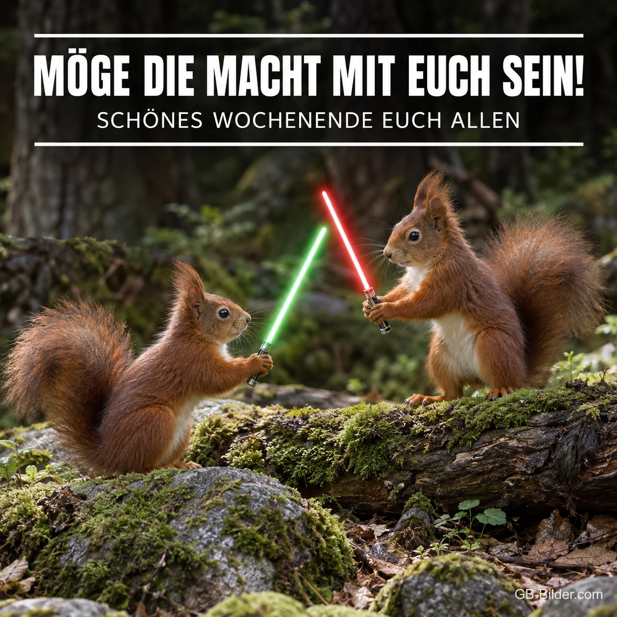 Zwei Eichhörnchen halten leuchtende Stäbe im Wald, Text: MÖGE DIE MACHT MIT EUCH SEIN! SCHÖNES WOCHENENDE EUCH ALLEN