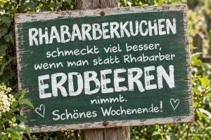 Grünes Holzschild mit Spruch zwischen Blättern, Text: RHABARBERKUCHEN schmeckt viel besser, wenn man statt Rhabarber ERDBEEREN nimmt. Schönes Wochenende!