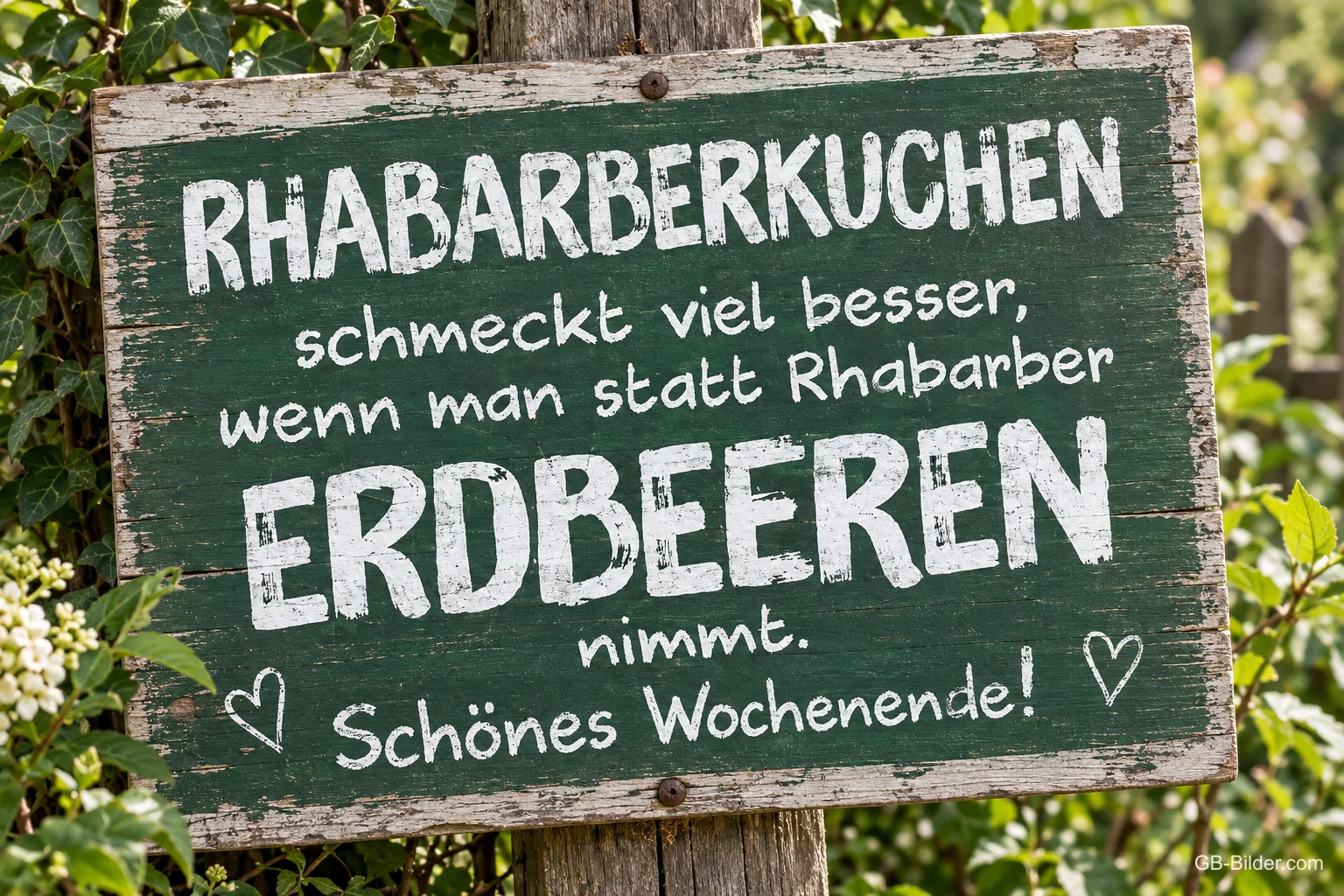 Grünes Holzschild mit Spruch zwischen Blättern, Text: RHABARBERKUCHEN schmeckt viel besser, wenn man statt Rhabarber ERDBEEREN nimmt. Schönes Wochenende!