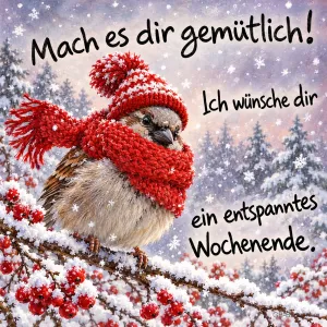 Spatz mit roter Bommelmütze und Schal auf einem verschneiten Zweig, Text: Mach es dir gemütlich! Ich wünsche dir ein entspanntes Wochenende.